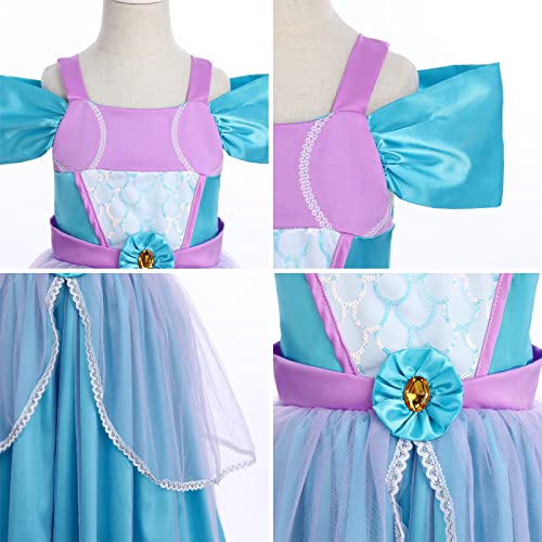 IDOPIP Disfraz de Sirena para Niñas Vestido de Princesa Ariel con Peluca de Sirena Roja Accesorio para Halloween Navidad Fiesta de Cumpleaños Cosplay Costume #1 Azul 4-5 años