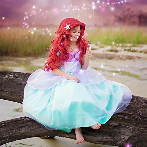 IDOPIP Disfraz de Sirena para Niñas Vestido de Princesa Ariel con Peluca de Sirena Roja Accesorio para Halloween Navidad Fiesta de Cumpleaños Cosplay Costume #1 Azul 4-5 años