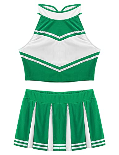 IEFIEL Disfraz de Animadora Uniforme para Mujer Chicas Sexy Traje High School Musical Top sin Mangas Falda Corta Plisada Disfraz Cosplay Halloween Carnaval S Verde XXL