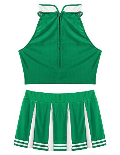 IEFIEL Disfraz de Animadora Uniforme para Mujer Chicas Sexy Traje High School Musical Top sin Mangas Falda Corta Plisada Disfraz Cosplay Halloween Carnaval S Verde XXL