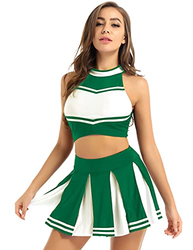 IEFIEL Disfraz de Animadora Uniforme para Mujer Chicas Sexy Traje High School Musical Top sin Mangas Falda Corta Plisada Disfraz Cosplay Halloween Carnaval S Verde XXL