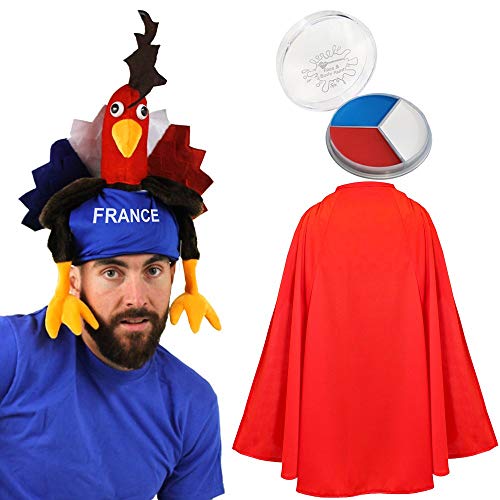 ILOVEFANCYDRESS Disfraz DE Frances Conjunto TEMATICO DE Francia con Gallo Frances Capa ROJA Y Pinturas FACIALES