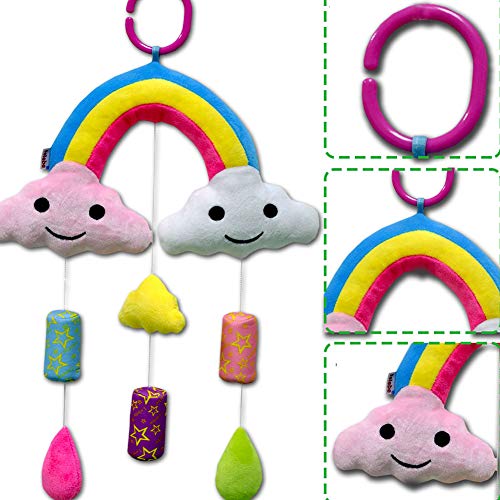 Isuper Juguetes Colgante muñeca,Juguetes del Cochecito y Silla de Paseo,Cama Colgando,Cuna Sonajero Musical Peluche para bebé y niños (Arco Iris)