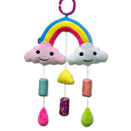 Isuper Juguetes Colgante muñeca,Juguetes del Cochecito y Silla de Paseo,Cama Colgando,Cuna Sonajero Musical Peluche para bebé y niños (Arco Iris)