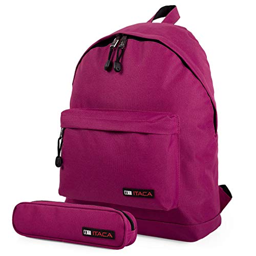 ITACA - Mochila Casual Juvenil Hombre Multifuncional + Estuche Portatodo de Poliéster. Cómoda Resistente Ligera y Acolchada par Uso Diario, Universidad. 25332, Color Fucsia