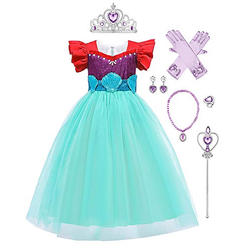 IWEMEK Niñas Disfraz de Sirenita Ariel Vestido de Princesa con Accesorios Cuento de Hadas Cosplay Navidad Halloween Carnaval Disfraz Disfraces Trajes de Fiesta Rojo Set 3-4 años