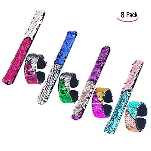 iwobi 8 PCS Lentejuelas Bofetada Pulseras, Glitter Sirena Slap Bracelets Pulseras para niños 2 Colores Reversibles Pulseras para Favores de Fiesta, Halloween Navidad Fiesta y Festival Regalo