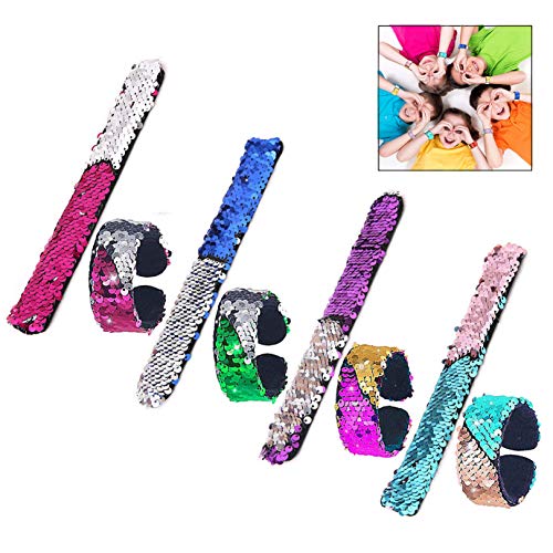 iwobi 8 PCS Lentejuelas Bofetada Pulseras, Glitter Sirena Slap Bracelets Pulseras para niños 2 Colores Reversibles Pulseras para Favores de Fiesta, Halloween Navidad Fiesta y Festival Regalo