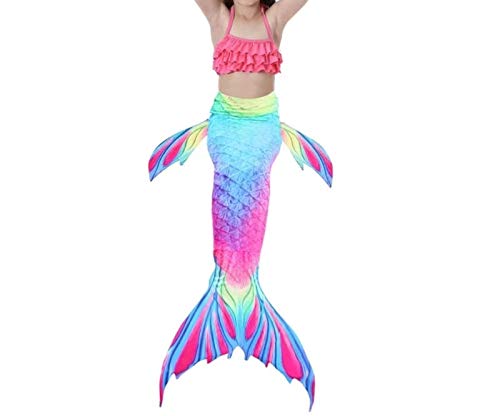 J26 Disfraz de sirena para niña, cosplay, traje de baño de 3 piezas, traje de baño con escamas de pez, color rosa, 130