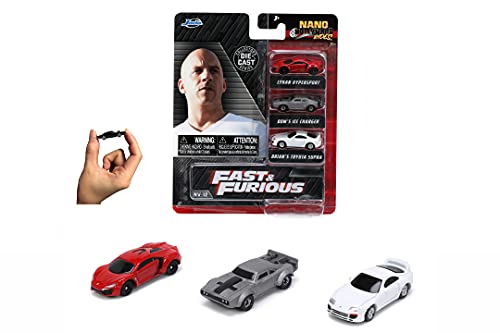 Jada Toys Fast & Furious 253201004 Nano Cars Wave 4 - Pack de 3 carros de Rueda Libre, Lykan Hypersport, Dodge Ice Charger, Toyota Supra, Blanco, Multicolor