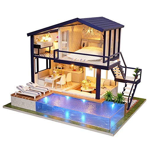 jadenzhou Casa de muñecas de Madera, Maqueta de casa de Madera en Miniatura con Luces LED Muebles, DIY Montaje para Decoración de casa de muñecas