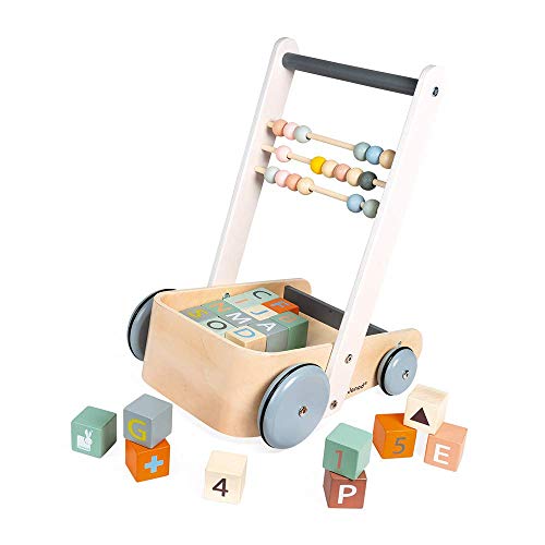 Janod - ABC Buggy Sweet Cocoon - Carro de Madera para Empujar y Caminar - Con 20 Cubos del Alfabeto, Números y Formas + 3 Filas de Ábacos - Pintura al Agua - A partir de 1 Año, J04408