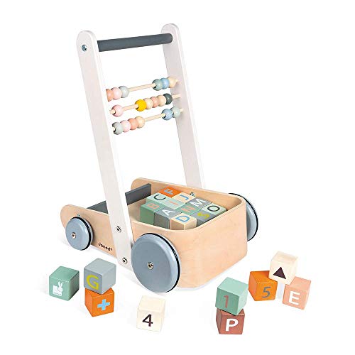 Janod - ABC Buggy Sweet Cocoon - Carro de Madera para Empujar y Caminar - Con 20 Cubos del Alfabeto, Números y Formas + 3 Filas de Ábacos - Pintura al Agua - A partir de 1 Año, J04408