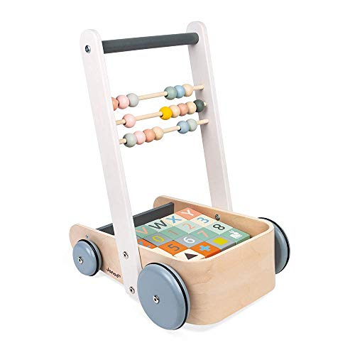 Janod - ABC Buggy Sweet Cocoon - Carro de Madera para Empujar y Caminar - Con 20 Cubos del Alfabeto, Números y Formas + 3 Filas de Ábacos - Pintura al Agua - A partir de 1 Año, J04408