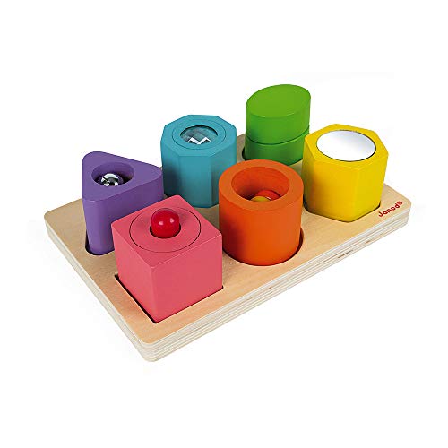 Janod - I Wood - Puzle de 6 Cubos Sensoriales en Madera, Juguete Educativo, Aprendizaje de las Formas y Colores, Pinturas de Base Acuosa, Certificado FSC® - Desde 1 Año, J05332