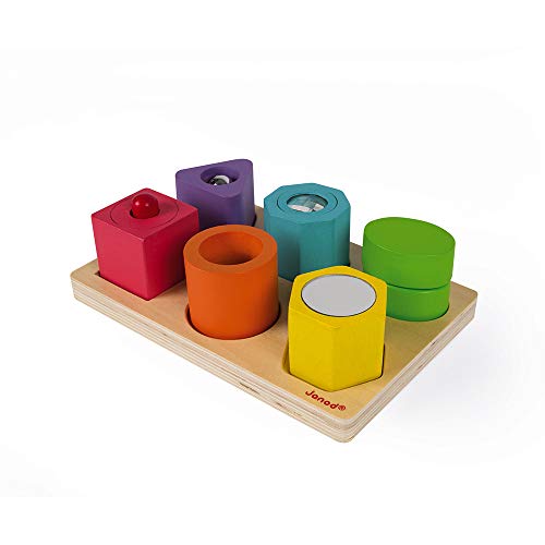 Janod - I Wood - Puzle de 6 Cubos Sensoriales en Madera, Juguete Educativo, Aprendizaje de las Formas y Colores, Pinturas de Base Acuosa, Certificado FSC® - Desde 1 Año, J05332