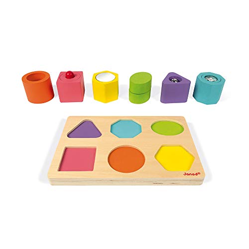 Janod - I Wood - Puzle de 6 Cubos Sensoriales en Madera, Juguete Educativo, Aprendizaje de las Formas y Colores, Pinturas de Base Acuosa, Certificado FSC® - Desde 1 Año, J05332