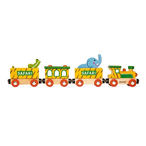 Janod - Tren Safari Story - 6 Figuritas de Madera - Juguete de Imaginación - Animales de la Sabana y Vehículos - Compatible con Los Raíles Existentes En el Mercado - A partir de 3 Años, J08585