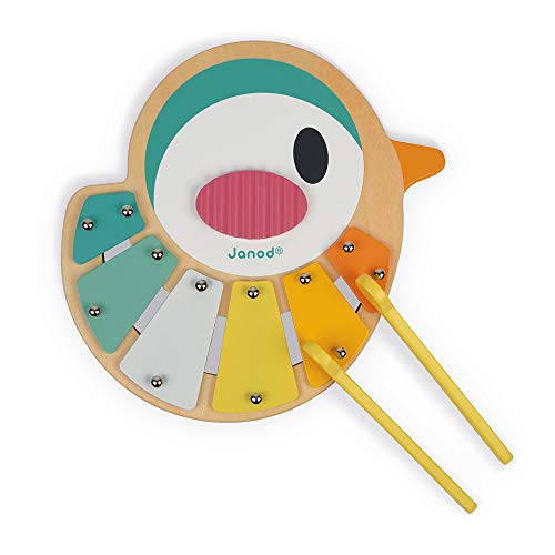 Janod - Xilófono infantil con forma de pájaro - Hecho de madera - Juguete musical para el aprendizaje infantil - Él xilófono cuenta con 6 tonos - Pintura al agua - A partir de 1 año - J05163