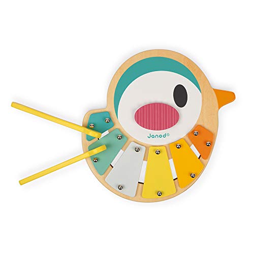 Janod - Xilófono infantil con forma de pájaro - Hecho de madera - Juguete musical para el aprendizaje infantil - Él xilófono cuenta con 6 tonos - Pintura al agua - A partir de 1 año - J05163