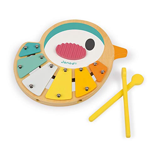 Janod - Xilófono infantil con forma de pájaro - Hecho de madera - Juguete musical para el aprendizaje infantil - Él xilófono cuenta con 6 tonos - Pintura al agua - A partir de 1 año - J05163