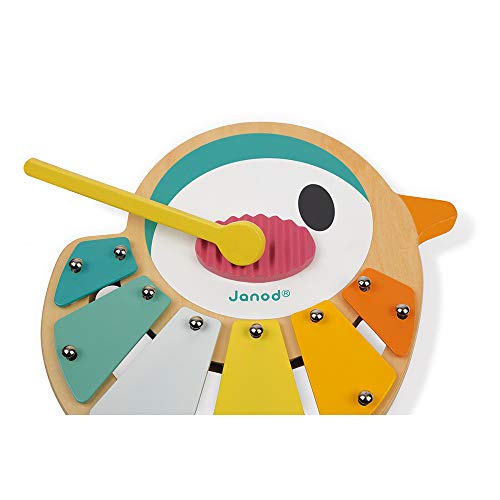 Janod - Xilófono infantil con forma de pájaro - Hecho de madera - Juguete musical para el aprendizaje infantil - Él xilófono cuenta con 6 tonos - Pintura al agua - A partir de 1 año - J05163