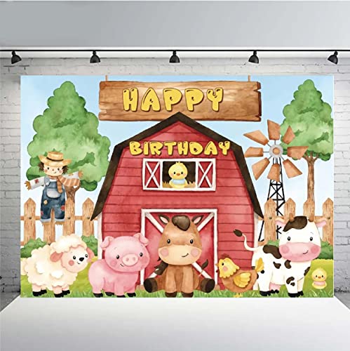 jdhfgdu Fondo de fotografía de cumpleaños de niños de Animales de Granja Rural de Dibujos Animados Valla de Madera Molino de Viento Baby Shower Fondo de Foto de familia-7x5ft-Vinly