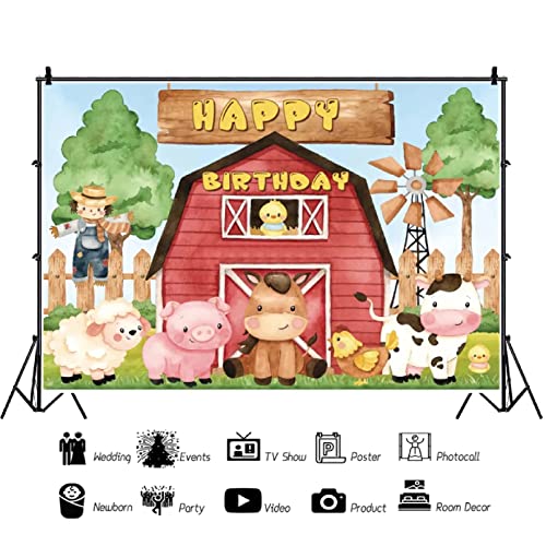 jdhfgdu Fondo de fotografía de cumpleaños de niños de Animales de Granja Rural de Dibujos Animados Valla de Madera Molino de Viento Baby Shower Fondo de Foto de familia-7x5ft-Vinly