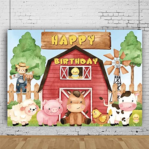 jdhfgdu Fondo de fotografía de cumpleaños de niños de Animales de Granja Rural de Dibujos Animados Valla de Madera Molino de Viento Baby Shower Fondo de Foto de familia-7x5ft-Vinly