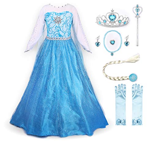 JerrisApparel Fiesta Maxi Vestido de Princesa niña Disfraz Cosplay con Diamante (100cm, Azul con Accesorios)