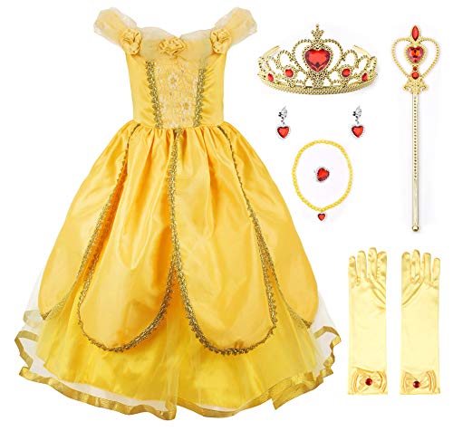 JerrisApparel Niña Princesa Belle Disfraz Tul Fiesta Trajes Vestido (7 años, Amarillo 1 con Accesorios)