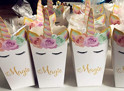 JeVenis Juego de 12 cajas mágicas de unicornio para fiestas, palomitas de maíz, cajas de golosinas para dulces o fiestas de cumpleaños, decoración