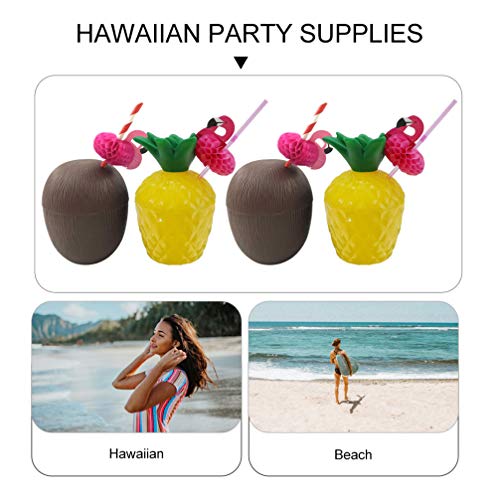 jojofuny 6 Juegos de Tazas de Piña Tazas de Coco para La Fiesta de Los Niños de Luau Hawaiano con Pajitas de Flamenco Fiesta Temática de Tiki Y Playa Tazas de Bebidas Divertidas Al Azar