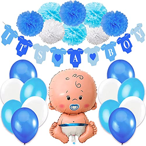 Jonami Decoraciones Fiesta de Bienvenida de Bebe Niño. Bandera Es Un Chico It’s a Boy + Globo de Papel de Aluminio a Recien Nacido + 8 Pompones + 12 Globos. Accessorios Baby Shower