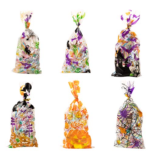 JOYIN 150 Pcs Bolsas Transparentes de Celofán para Regalos de Halloween, Bolsas de Dulces con Lazos Giratorios Suministros de Fiesta de Halloween