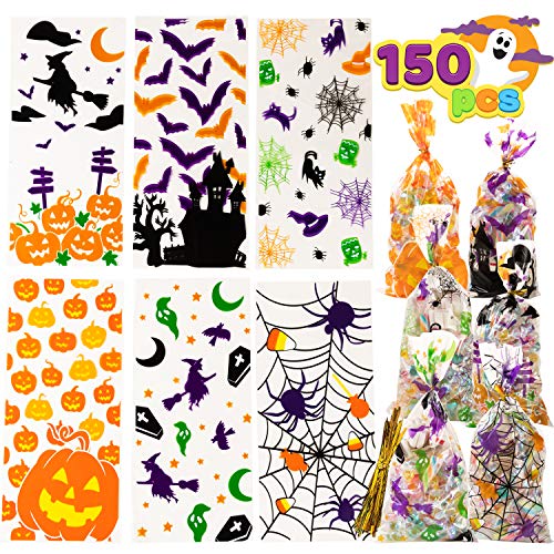 JOYIN 150 Pcs Bolsas Transparentes de Celofán para Regalos de Halloween, Bolsas de Dulces con Lazos Giratorios Suministros de Fiesta de Halloween