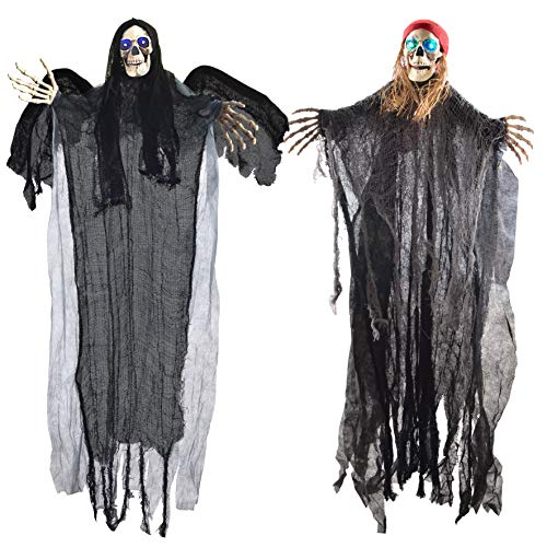 JOYIN Dos Decoraciones de Fantasmas Colgantes de 101 cm para Halloween, Parca Voladora y Pirata, Esqueleto con Ojos Intermitentes LED