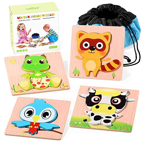 Joyjoz Infantiles Puzzles de Madera 4 PCS Puzzle Animales Juguetes Montessori con Bolso de Almacenamiento Juegos Educativos para Niños de 3 años Niños Niñas