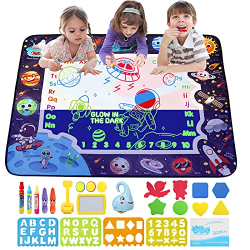 JoyLife Agua Dibujo Pintura, Luminosa Alfombra Mágicas para Niños, Estera de Dibujo de Agua Brillar en Oscuridad, Alfombra de Agua Doodle con Bolígrafos Mágicos Juguetes Regalos para niños - 100x80cm