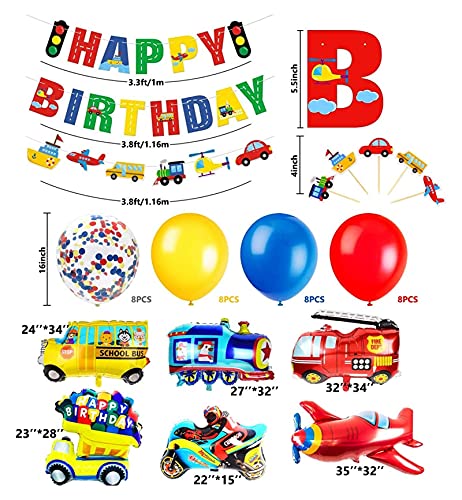 JSJJAWD Ballon Decoración de cumpleaños para niños Feliz cumpleaños Banner Cars Escuela Bus Train Fuego Truco Motocicleta Plano Globos Transporte (Color : Set)