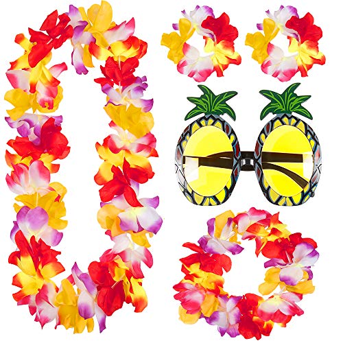 Juego de 6 faldas hawaianas de hierba con guirnaldas Lei y gafas de piña elegidas entre paja o falda múltiple, para verano, playa, hawaiana, tropical, disfraz de fiesta, multicolor, Talla única