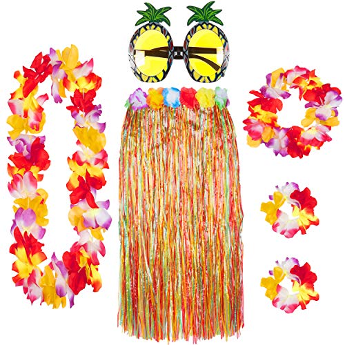 Juego de 6 faldas hawaianas de hierba con guirnaldas Lei y gafas de piña elegidas entre paja o falda múltiple, para verano, playa, hawaiana, tropical, disfraz de fiesta, multicolor, Talla única