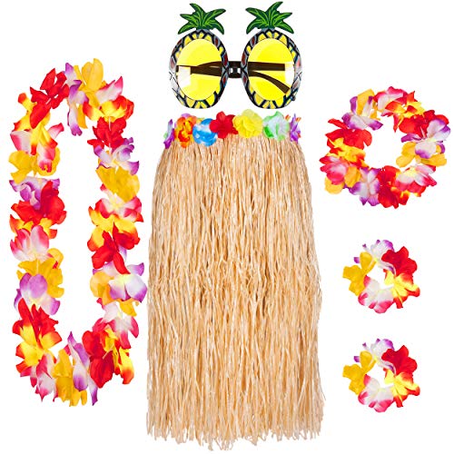 Juego de 6 faldas hawaianas de hierba con guirnaldas Lei y gafas de piña elegidas entre paja o falda múltiple, para verano, playa, hawaiana, tropical, disfraz de fiesta, Paja, Talla única