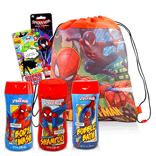 Juego de baño Marvel Spiderman Mega Bundle ~ 5 piezas Spiderman Bañera Champú, Gel de ducha, Pegatinas y mucho más