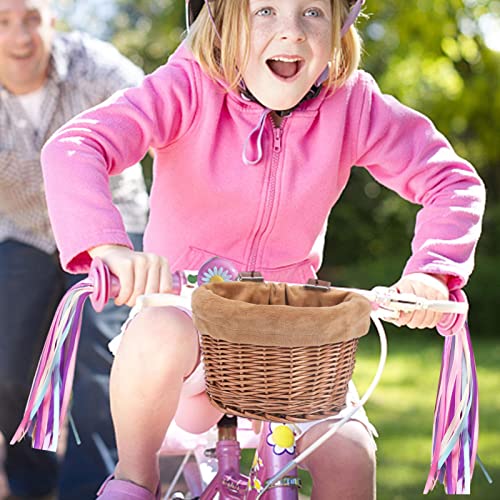 Juego de canastas para bicicleta, juego de canastas de campanas de bicicleta para regalos navideños, juego de canastas de mimbre para manubrio de bicicleta con serpentinas de colores y pegatinas para