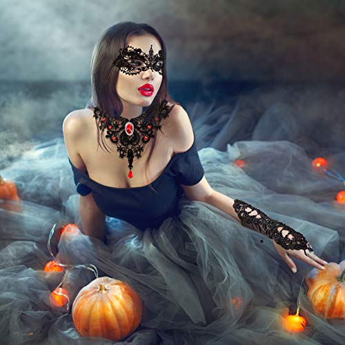 Juego de Gargantilla de Encaje Roja de Disfraz Gótica, Collar Choker de Colgantes de Lolita con Pendientes, Cubierta Facial de Mascarada y Guantes de Encaje sin Dedos para Halloween Fiesta