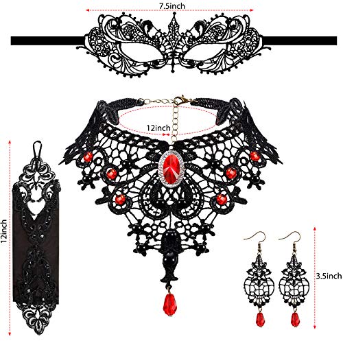 Juego de Gargantilla de Encaje Roja de Disfraz Gótica, Collar Choker de Colgantes de Lolita con Pendientes, Cubierta Facial de Mascarada y Guantes de Encaje sin Dedos para Halloween Fiesta