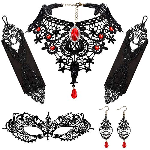 Juego de Gargantilla de Encaje Roja de Disfraz Gótica, Collar Choker de Colgantes de Lolita con Pendientes, Cubierta Facial de Mascarada y Guantes de Encaje sin Dedos para Halloween Fiesta