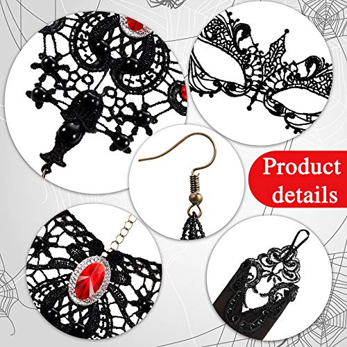 Juego de Gargantilla de Encaje Roja de Disfraz Gótica, Collar Choker de Colgantes de Lolita con Pendientes, Cubierta Facial de Mascarada y Guantes de Encaje sin Dedos para Halloween Fiesta