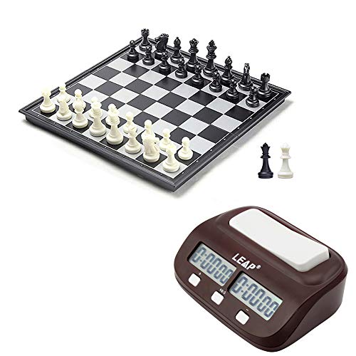 Juego de juego de ajedrez digital con temporizador de juego de ajedrez + tablero magnético plegable de 25 x 25 cm con piezas de ajedrez blanco y negro + 2 reinas extra